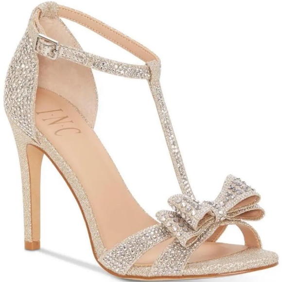 INC Champagne Crystal/Rhinestone Bow High Heels & Matching Clutch Purse, sz. 9.5 - Picture 11 of 13